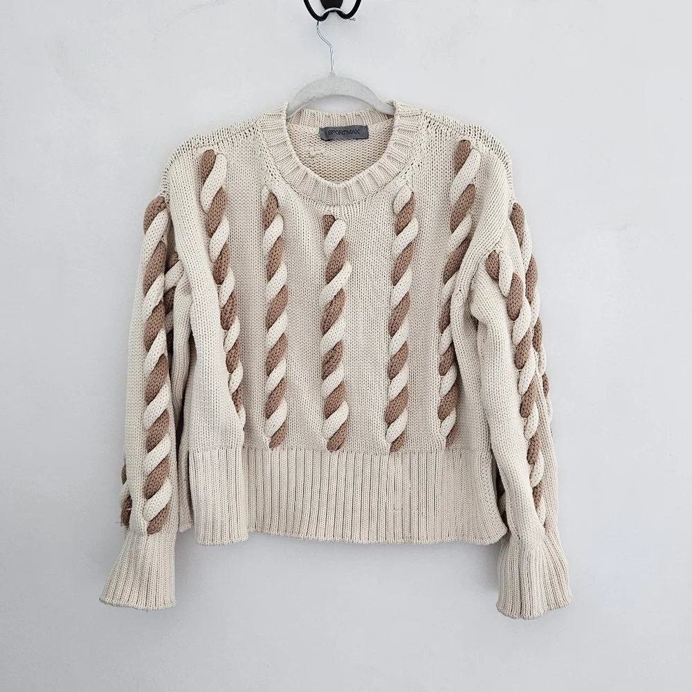 SPORTMAX Gatti Cream And Brown Chunky Braided Cableknit Sweater - Picture 10 of 10
